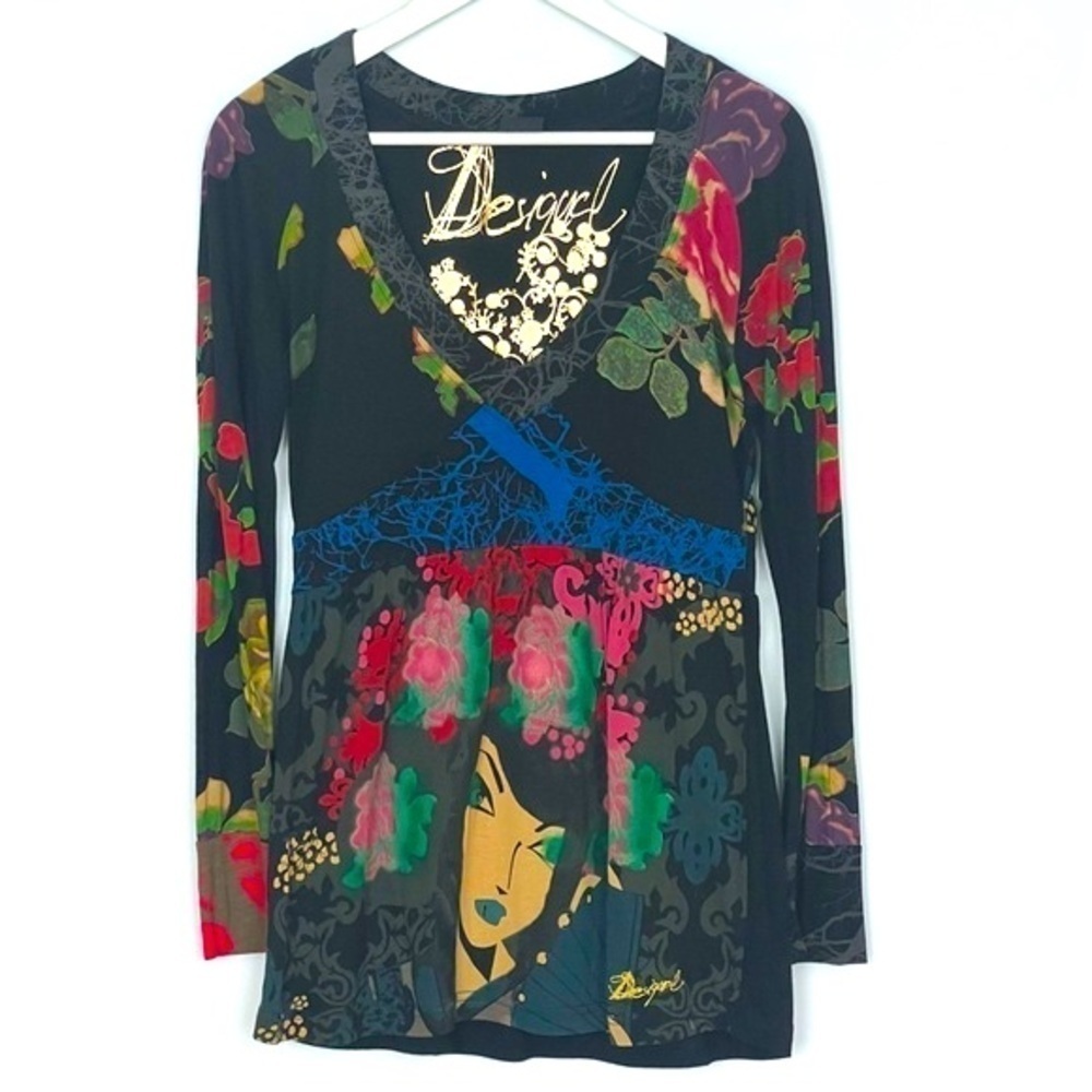 DESIGUAL V Neck Embroidered Multi Print Top Long Sleeve Small